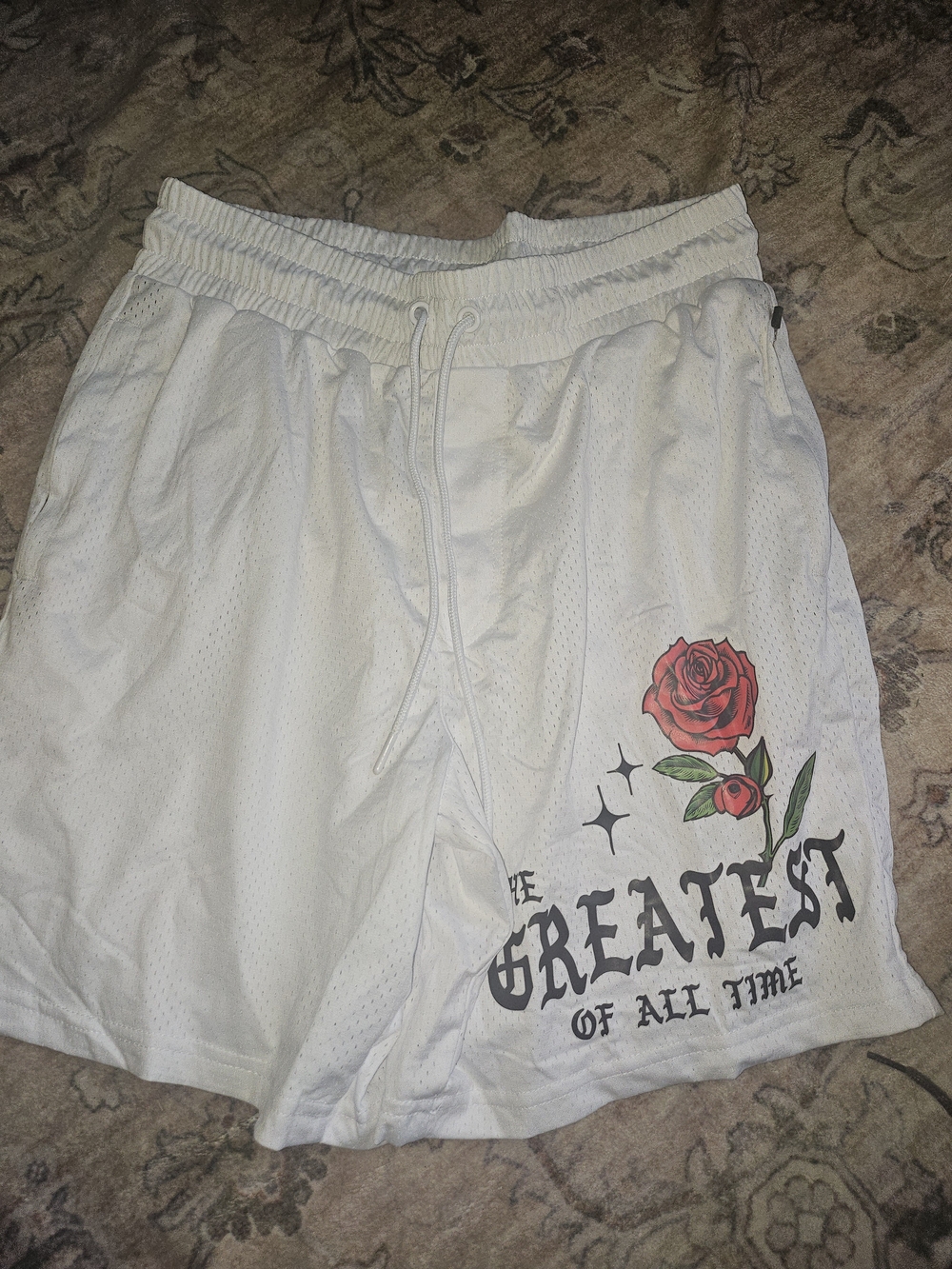 Pink Dolphin White Mesh Shorts with Red Rose Graphic